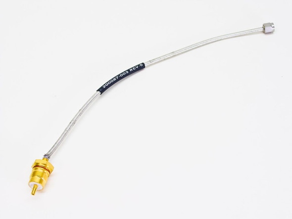 RF Cable 200087-003 REV-5 full view – 9-inch braided coaxial jumper with gold-body connector on one end and SMA connector on the other
