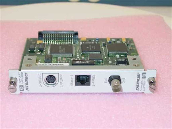 HP J2552-60001 JetDirect card – front panel showing LocalTalk Mini-DIN, 10Base-T RJ45, and BNC coax ports with JetDirect label