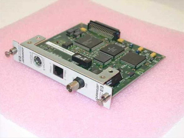 HP J2552-60001 JetDirect print server card – three-quarter view showing RJ45 and BNC ports on front panel with PCB and chips visible