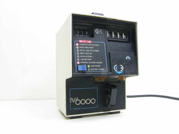 Valleylab IV6000 infusion pump – left front three-quarter view showing alert indicator panel and IV6000 logo with power cord