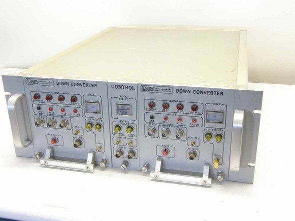 LNR DC4-D1 Down Converter 4U rackmount chassis front panel showing two DC4-D1 down converter modules and center CONTROL section with mode select, alarm indicators, and BNC connectors