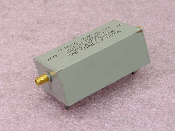 Allen Avionics Highpass Filter 300 kHz 50 Ohm — side view showing OUT SMA connector and shielded metal housing