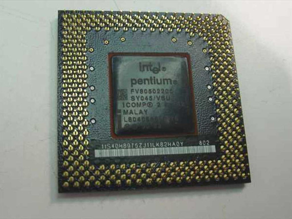 Intel Pentium SY045 FV80502200 processor die side showing printed markings: FV80502200, SY045, iCOMP 2.0, Malaysia