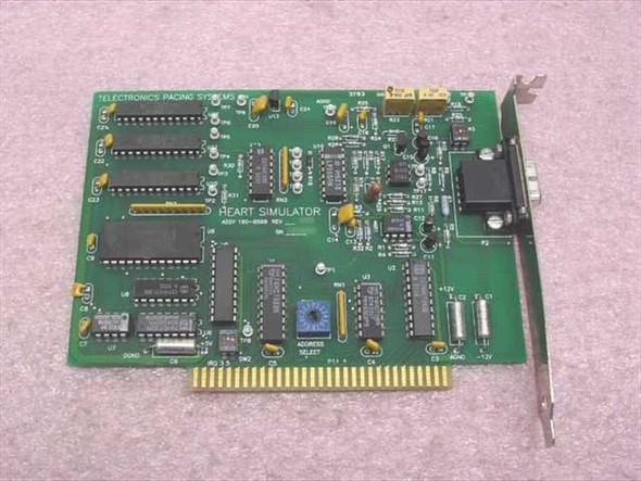 Telectronics Pacing Systems 190-6599 ISA Heart Simulator Card — top component-side view showing HEART SIMULATOR silkscreen, ADDRESS SELECT jumper block, and populated ICs