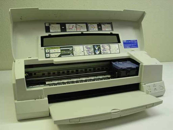 Epson Stylus Photo 1200 P113A wide carriage inkjet printer – front view with top cover open showing printhead carriage and paper guides