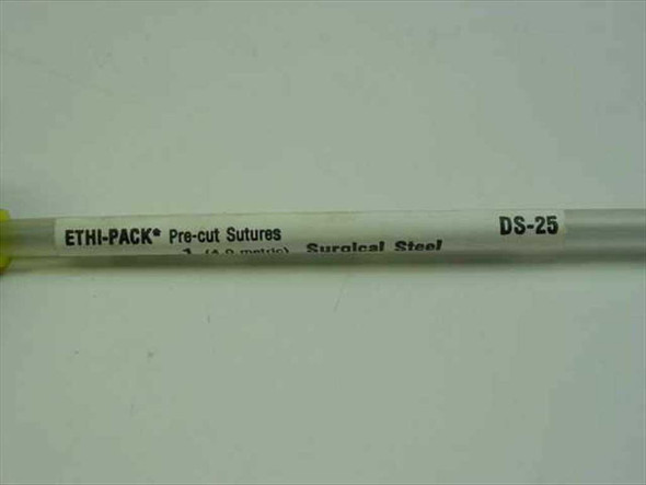Ethicon DS-25 Ethi-Pack Pre-cut Sutures label showing Surgical Steel designation on white plastic tube