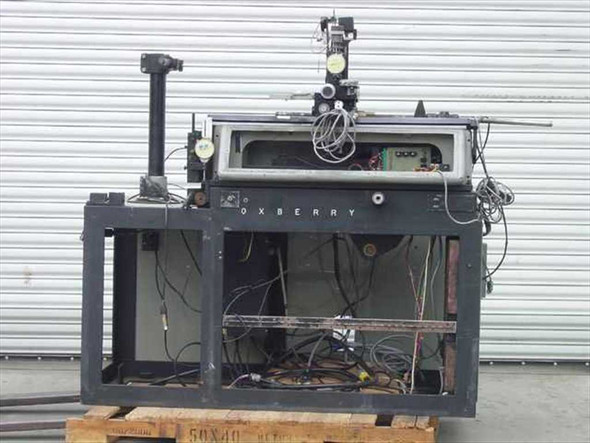 Oxberry 1500 Animation Stand front view showing vertical column, horizontal camera rail, and stand frame on pallet