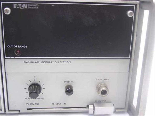 Eaton 380K11 PM3601 AM Modulation Section front panel — showing OUT OF RANGE indicator, output level knob (0 dBm to -10 dBm), MOD IN connector, 1000 MHz RF OUTPUT port, and Eaton Advanced Electronics branding