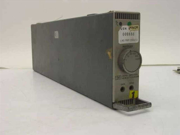 HP 2470A Amplifier plug-in module – left side and front panel view showing gain control knob and asset tag