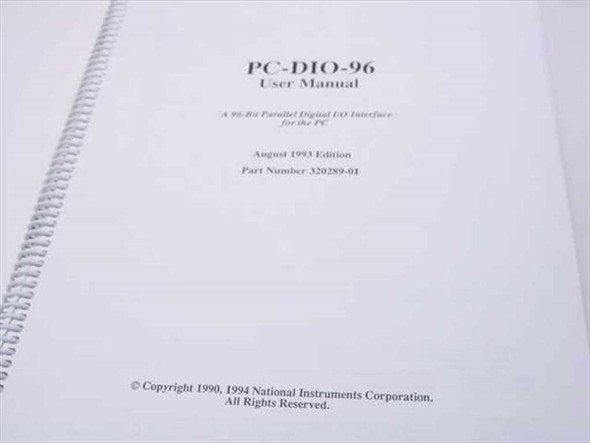 PC-DIO-96 User Manual title page showing '96-Bit Parallel Digital I/O Interface for the PC,' August 1993 Edition, Part Number 320289-01