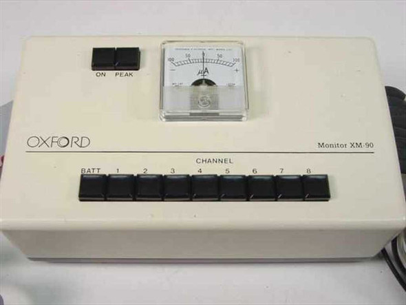 Oxford XM-90 8-channel monitor front panel showing ON and PEAK buttons, Shinohara microammeter gauge, BATT and channel 1-8 selector buttons
