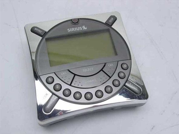 Sirius SIR-SYS1 satellite radio receiver — top-down front view showing LCD screen, SELECT button, CAT and CHANNEL controls, and numeric keypad