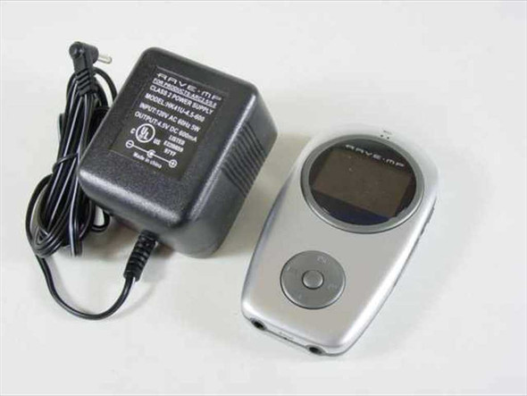 Rave-MP Arc2.5/5.0 MP3 player shown alongside its original AC adapter, front view