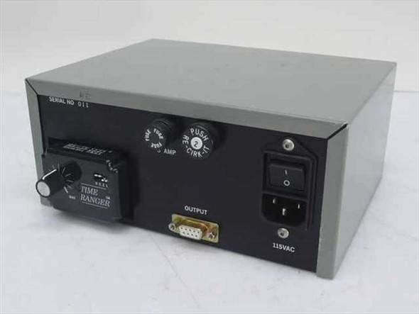 RJD Controls Model 3 Variac – rear panel showing Time Ranger timer module, AMP selector, push-to-start button, DB9 output connector, IEC power inlet, and 115VAC marking
