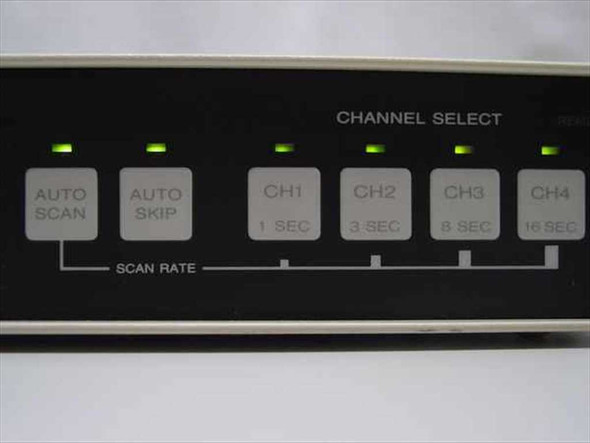Raritan MC4E front panel closeup – Channel Select buttons CH1 CH2 CH3 CH4 with scan rate indicators and green LEDs