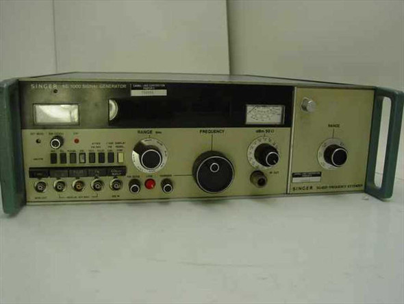 Singer SG-1000 Signal Generator front panel with SG-1001 Frequency Extender attached at right — range and frequency controls, output meters, and toggle switches visible