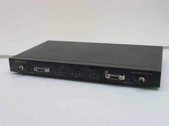Accton EN2010 EtherRepeater-II front panel showing AUI ports, LED indicators, and segment labeling