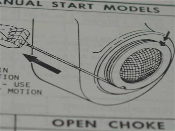 Kohler engine service manual interior page – manual start models diagram showing recoil starter and open choke procedure