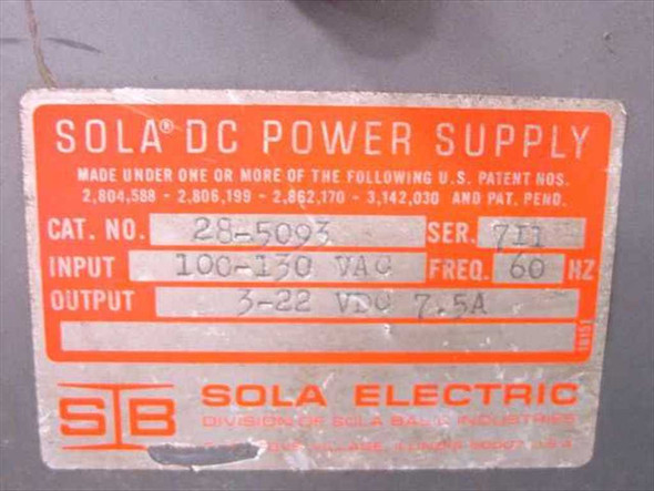 Sola Electric 28-5093 rating plate showing Cat. No. 28-5093, Input 100-130 VAC 60 Hz, Output 3-22 VDC 7.5A