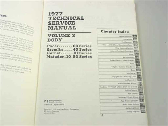 AMC 1977 Technical Service Manual Vol 3 Body interior title page and chapter index listing Pacer 60 Series, Gremlin 40 Series, Hornet 01 Series, Matador 10-80 Series
