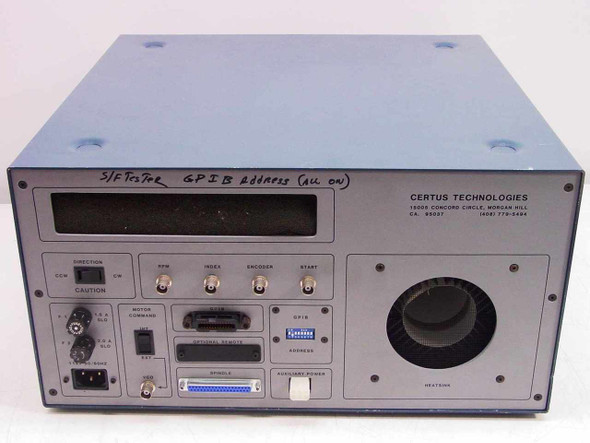 Certus Technologies 3600A Spindle Controller – rear panel overview with handwritten GPIB address note, Certus Technologies label, and large heatsink/fan