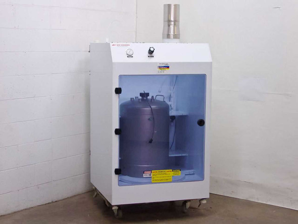 BOC Edwards Systems Chemistry Chemical Daytank Pumping Station Cabinet – front three-quarter view showing acrylic door, stainless daytank inside, and top exhaust stack