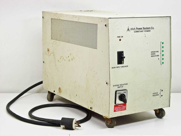 AAA Power System Constant Power 6 AR005C0200T1 5KVA line conditioner — front panel view showing PWR ON indicator, Main Input Breaker, Operating Range Indicators, and input power cable