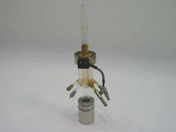 TMA quartz sample holder assembly — full upright view showing quartz column, stainless steel base piston, multiple tube fittings, and wire leads with visible yellowing and staining