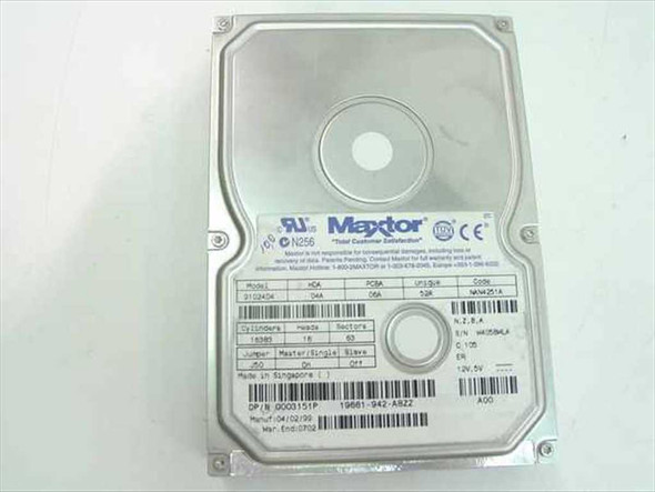 Maxtor 91024D4 10.2GB 3.5" IDE hard drive — top label view showing model number, specs, and jumper settings