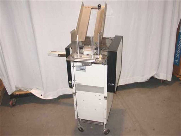 Omation 501 Opex Mail Extractor left-side view showing full machine on casters with top feed section and output tray