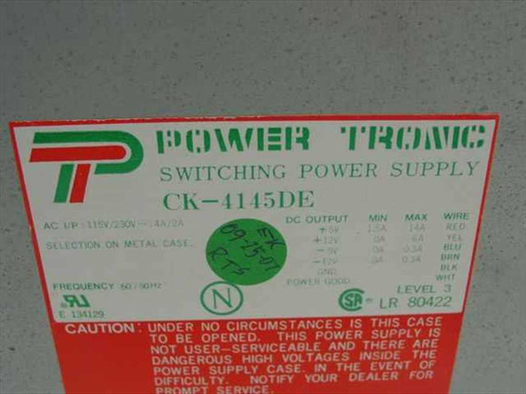 Power Tronic CK-4145DE label showing 115V/230V input, DC output specs, UL and CSA certifications
