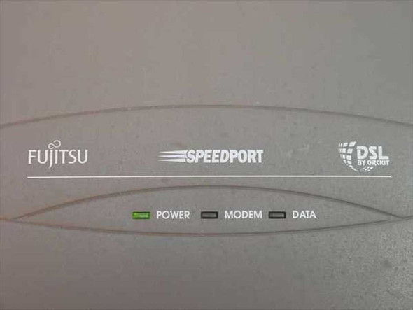 Fujitsu Speedport FC9660RA12 front panel close-up showing Power, Modem, and Data LED indicators and DSL by Orkit branding