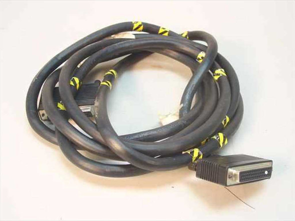 DB50 50-pin female-to-female cable coiled on plain background showing full approximately 12-foot dark jacket length with yellow cable ties and one DB50 connector visible at right