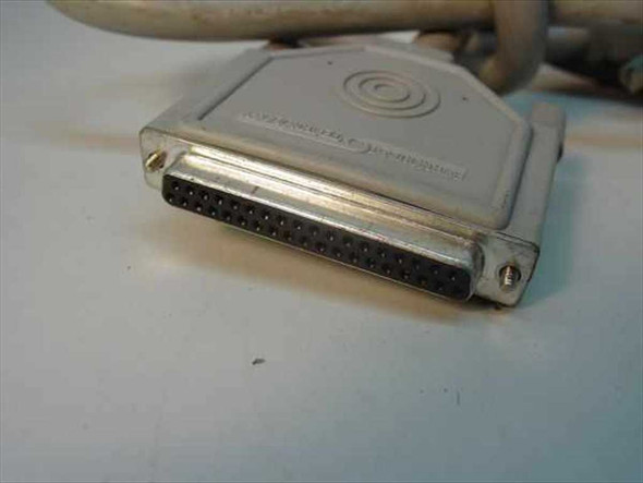 Close-up of DB25 female connector end showing 25-pin D-Sub socket and molded hood