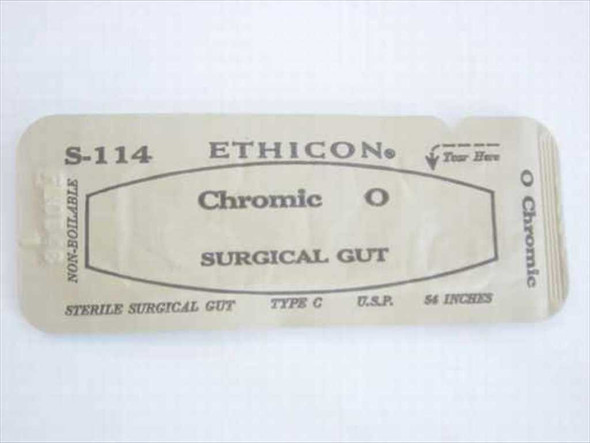 Ethicon S-114 Chromic Surgical Gut Suture sealed packet – Size 0 Type C USP 84 inches non-boilable sterile label view