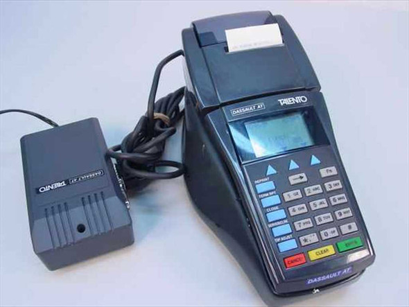 Dassault Talento 2UD ICS credit card terminal front view with power adapter alongside