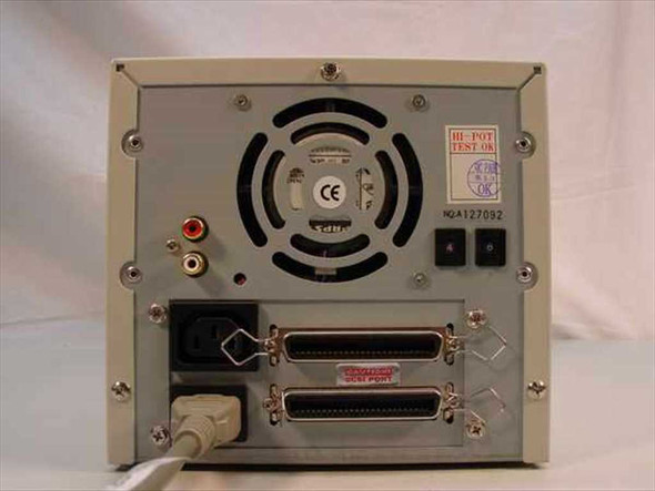 Archive 4586NP External DAT Drive – rear panel showing dual SCSI-2 ports, RCA audio inputs, fan, and IEC power inlet