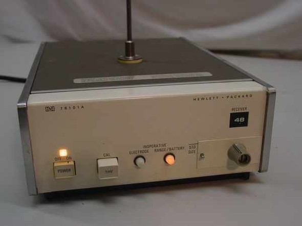 HP Hewlett Packard 78101A Telemetry System Receiver front panel with power indicator lit, CAL button, INOPERATIVE/ELECTRODE/RANGE/BATTERY indicators, and whip antenna on top
