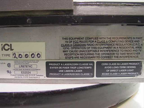 ICL Type 20000 Orion scanner FCC Class A compliance label and UL LR87874C listing, laser safety warnings visible