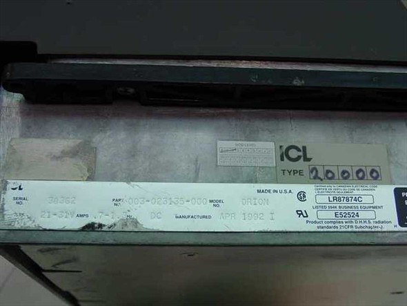 ICL Type 20000 Orion barcode scanner bottom label showing part number 003-023135-000, serial 38362, manufactured April 1992, Made in USA