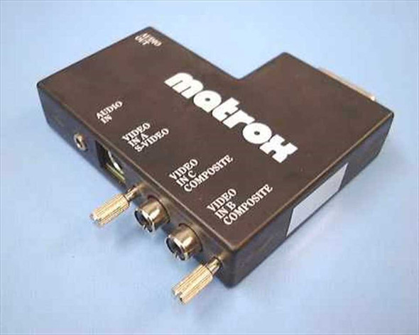 Matrox Audio Video Input Output Converter – front/side view showing S-Video, dual Composite BNC, and Audio In connectors with Matrox branding