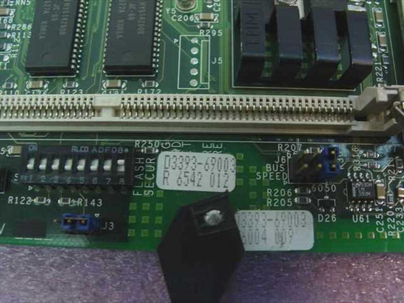 HP D3393-60003 system board — close-up of board label showing part number D3393-60003 and revision markings, with memory slots and chipset ICs visible