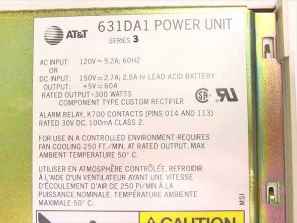 AT&T 631DA1 Power Unit Series 3 — rating plate showing 120V AC input, 300W output, +5V 60A DC specs