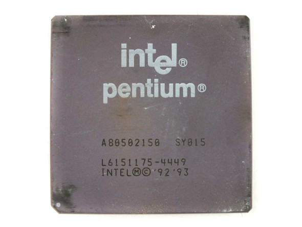 Intel Pentium SY015 A80502150 CPU — top surface showing Intel Pentium logo, part number A80502150, S-Spec SY015, and copyright markings 1992–1993