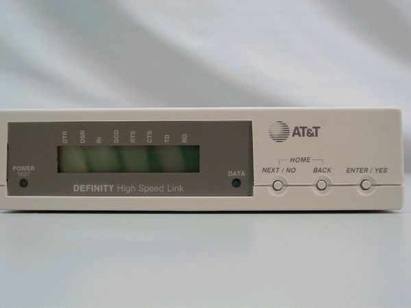 AT&T 7400C-L1 DEFINITY High Speed Link DSU — front panel close-up showing LED indicators, POWER and DATA lights, and HOME/NEXT/BACK/ENTER buttons