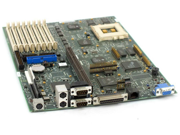 Compaq 247382-001 Deskpro 4000 Socket 7 Pentium motherboard – angled front view showing Socket 7 CPU socket, SIMM slots, and rear I/O ports including dual serial, parallel, and VGA