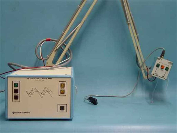 Narco Scientific OPG 200 Oculoplethysmograph main unit and vacuum applicator arm assembly with eye cup probe, side view