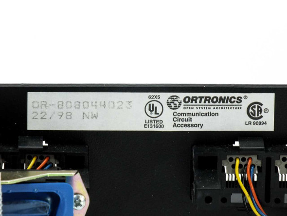 Ortronics OR-808044023 label closeup showing part number, date code 22/98, UL Listed E131600, and CSA LR 90894 certifications