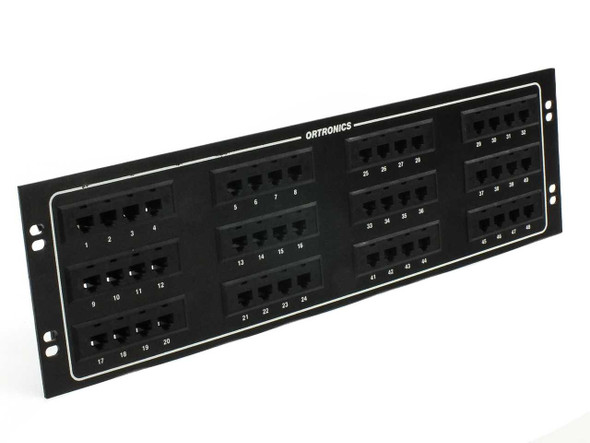 Ortronics OR-808044023 48-port telco patch panel — angled front view showing all 48 numbered RJ-11 ports across black 3U faceplate