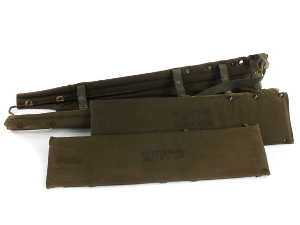 Military canvas wrap-around splint complete 3-part set laid flat – olive drab green, showing traction bar assembly and two padded canvas sections